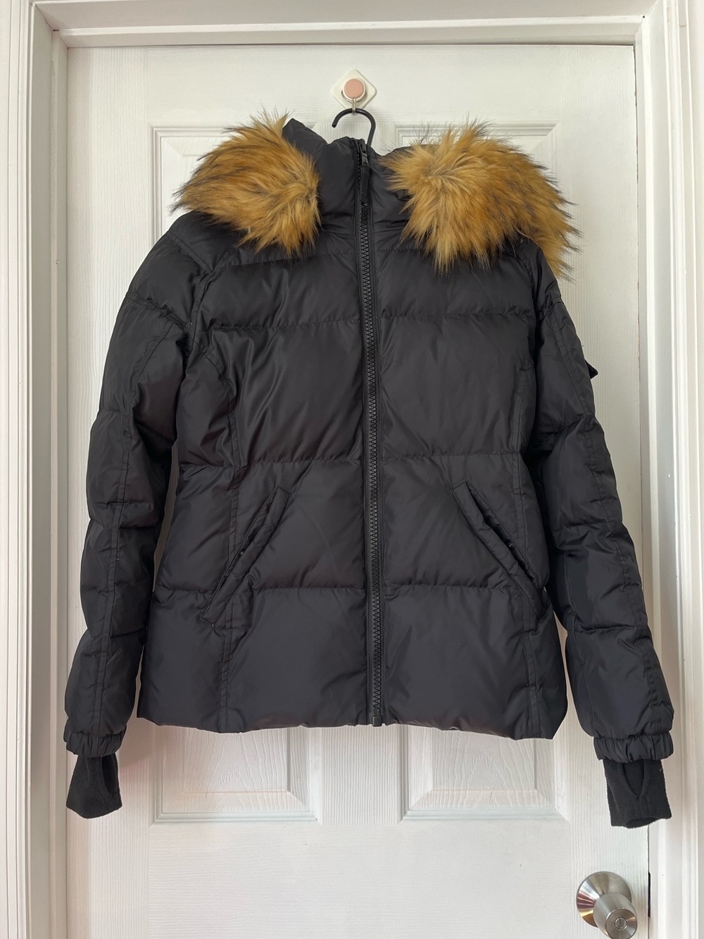 S13 faux-fur hooded matte black Down Puffer Jacket women’s size L